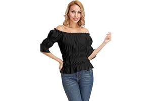 frawirshau Steampunk Pirate Shirt Renaissance Peasant Blouse Off The Shoulder Tops Short Sleeve Smocked Wench Top Lightweight