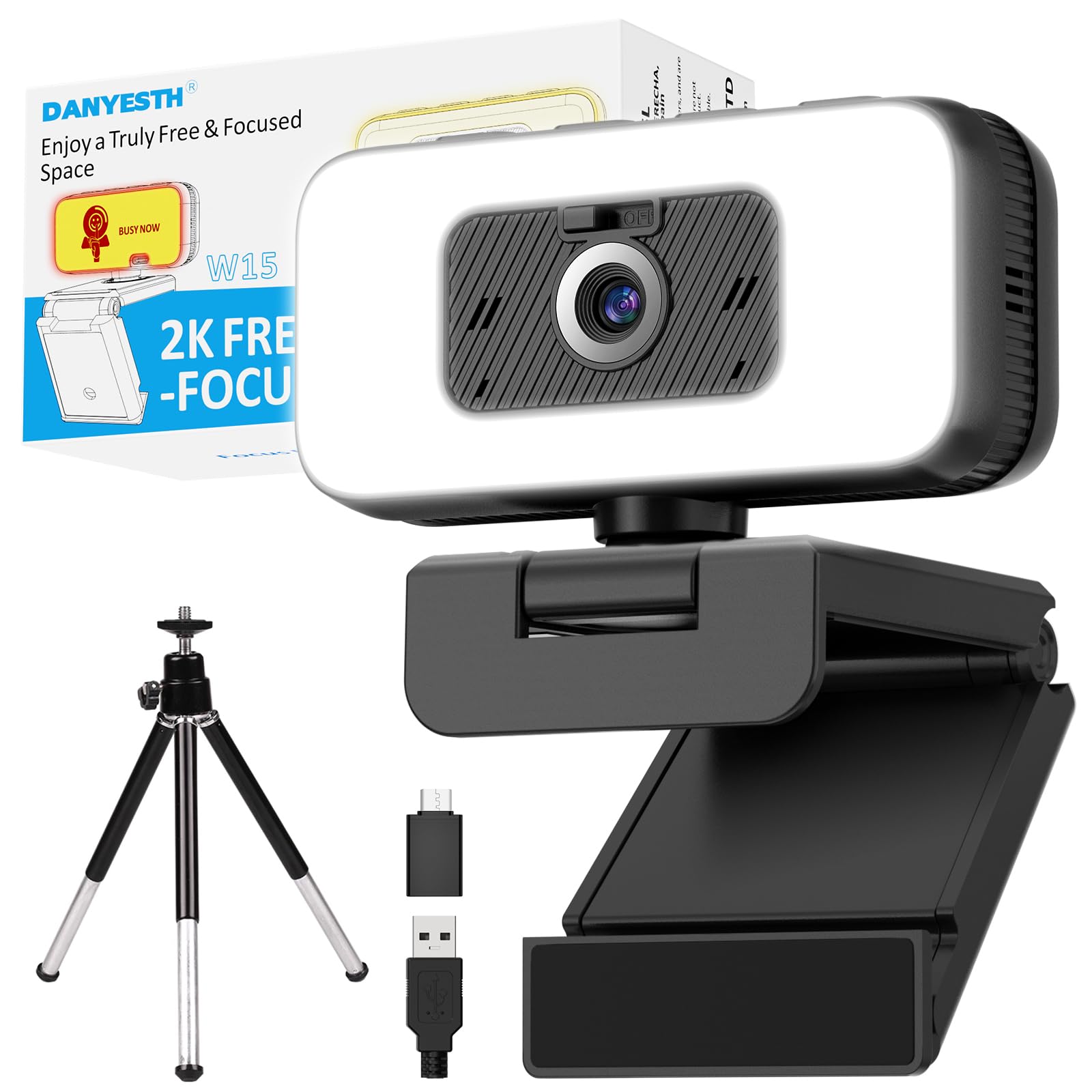 Danyesth 2K Webcam mit Mikrofon und Abdeckung – USB PC Kamera mit Licht, Zoom, Flip, Privacy-Cover – Externe Web Cam für Laptop, Desktop, Homeoffice & Streaming