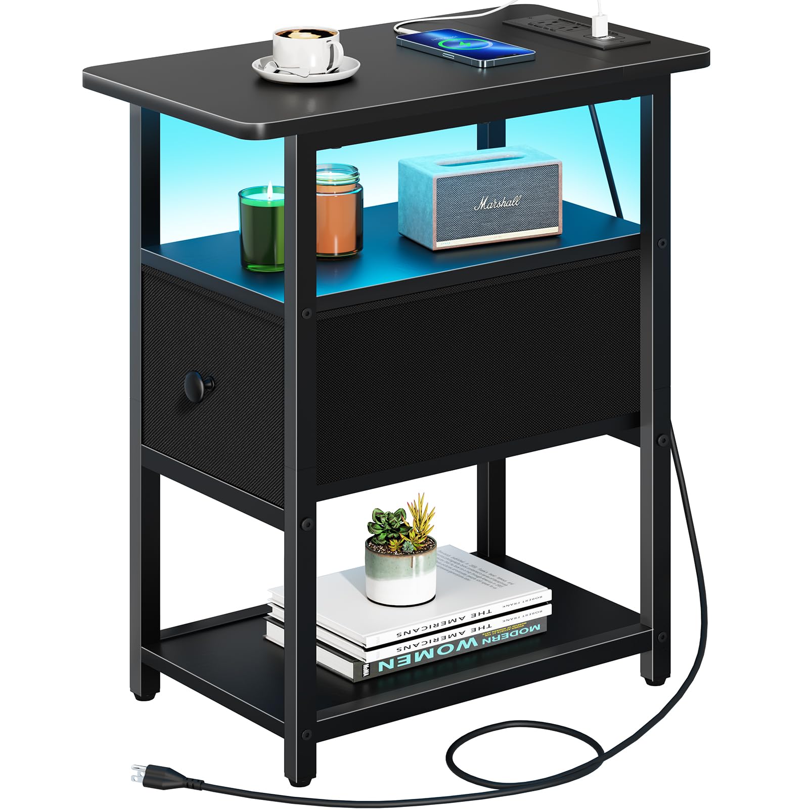 Photo 1 of Yoobure End Table with Charging Station, Narrow Side Table with Adjustable Fabric Drawer, 3-Tier End Tables Living Room, Small Nightstand with Outlets, LED Skinny Night Stand for Bedroom Small Spaces