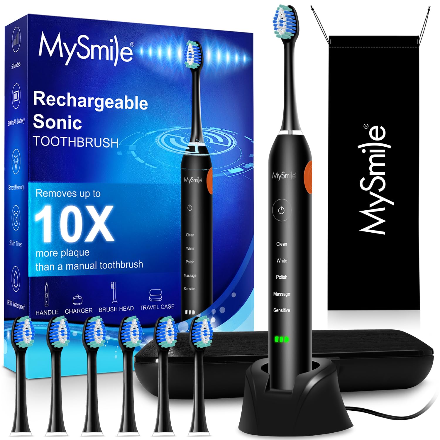 MySmile UC605 Electric Toothbrush for Adults, Rechargeable Sonic Electronic Toothbrush with 6 Brush Heads and Travel Case, 5 Modes 2 Mins Smart Timer, 48000VPM 10X Powerful