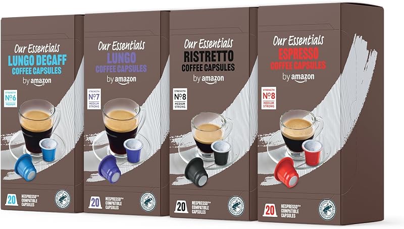 Nosso pacote de sortimento de cápsulas de café padrão compatíveis com nespresso essentials by amazon, 80 cápsulas (4 pacotes de 20) - certificado pela rainforest alliance