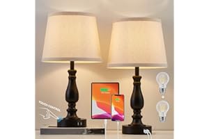 EJIAXIN Lamps for Bedroom Set of 2,Touch Bedside Table Lamp with USB C+A Ports,3 Way Dimmable Nightstand Lamps with Round Fabric Linen Lampshade for Living Room Reading Bed Side End Table,Bulbs Included