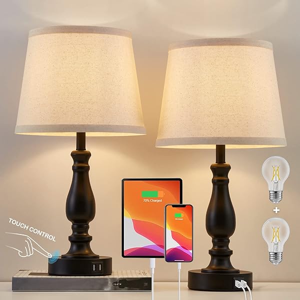 LAMPS FOR BEDROOM SET OF 2,TOUCH BEDSIDE TABLE LAMP WITH USB C+A PORTS,3 WAY DIMMABLE NIGHTSTAND LAMPS WITH ROUND FABRIC LINEN LAMPSHADE FOR LIVING ROOM READING BED SIDE END TABLE,BULBS INCLUDED