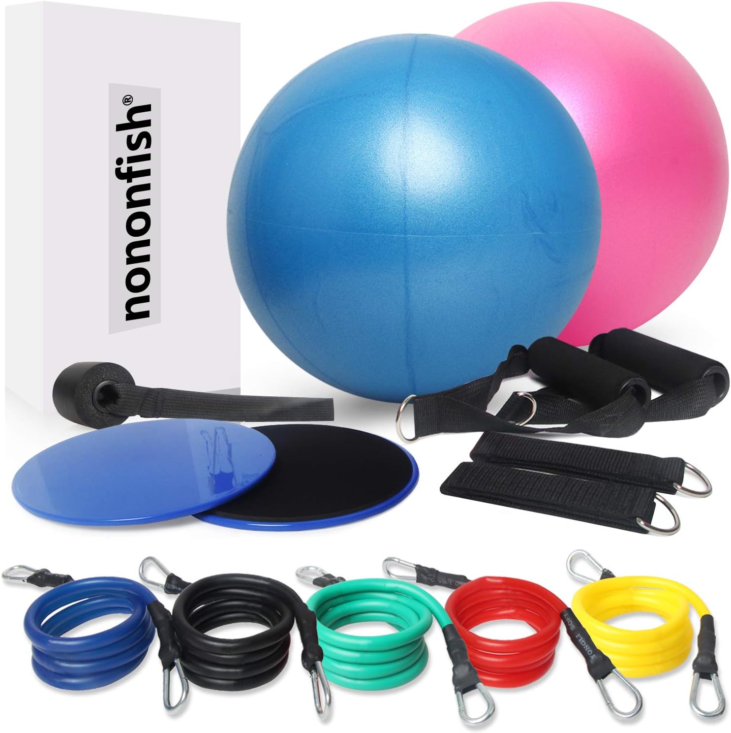 nononfish Resistance Bands Set Gym Equipment for Home Including Workout Bands with Handles, Pilates Ball 9 inch, Core Sliders for Ab Workots and Workout Guides Increase Hip & Strength Training : Sports & Outdoors