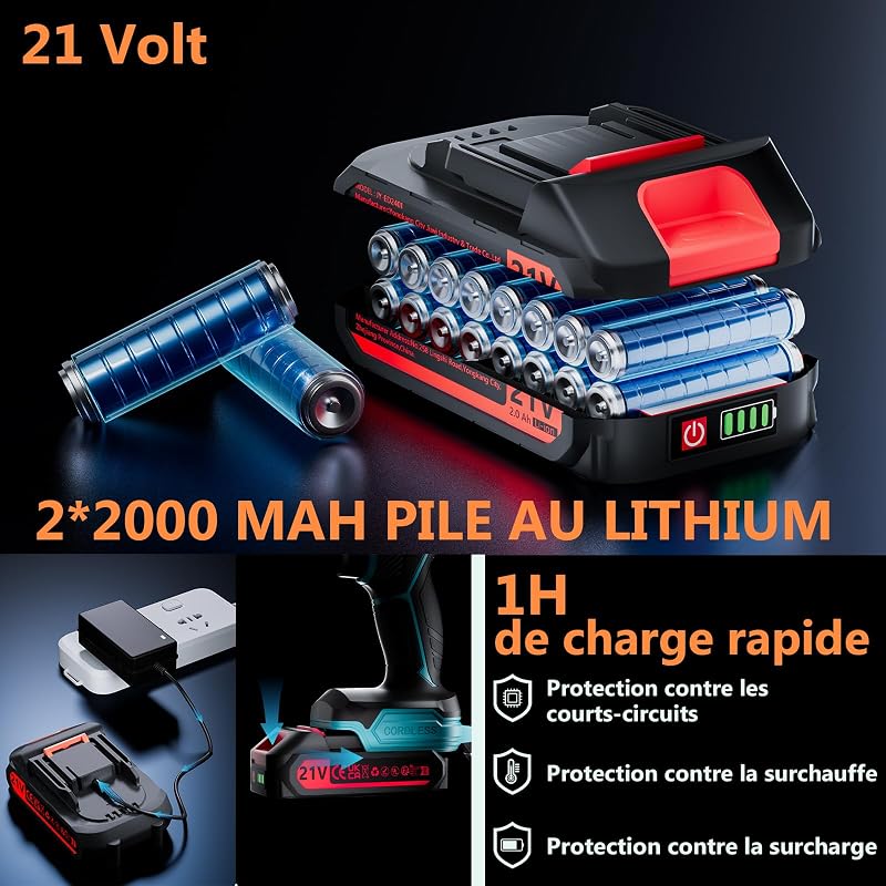 Perceuse Visseuse Sans Fil 21V Avec Batterie 4000mAh, 45Nm de couple max 25+3 positions de couple (2 vitesses & LED), 2 batteries 2,0Ah et chargeurpour la maison et le jardin projet DIY (Bleu)