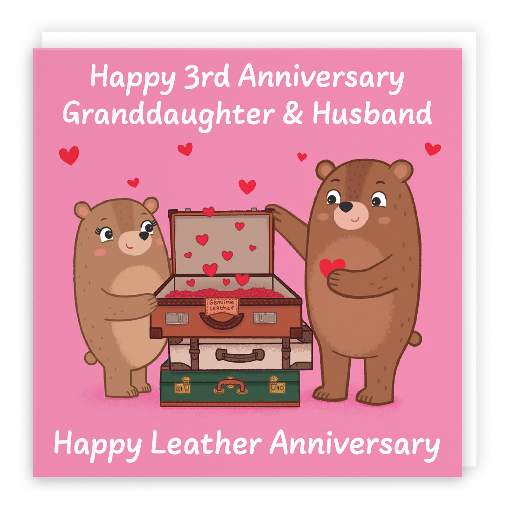 Hunts England - Granddaughter And Husband 3rd Anniversary Card - Leather Anniversary - Third Anniversary - 3 Years - Cute Fun Bears Card - Love Story Collection