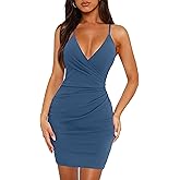 OWIN Women Sexy V Neck Mini Dress Adjustable Spaghetti Straps Club Sleeveless Bodycon Ruched Waist Party Dresses