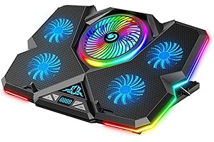 Laptop Cooling Pad for 12-17 Inch, Gaming Laptop Cooler with 5 Quiet Fans, RGB LED Lights, 7 Adjustable Height Stand, Metal M
