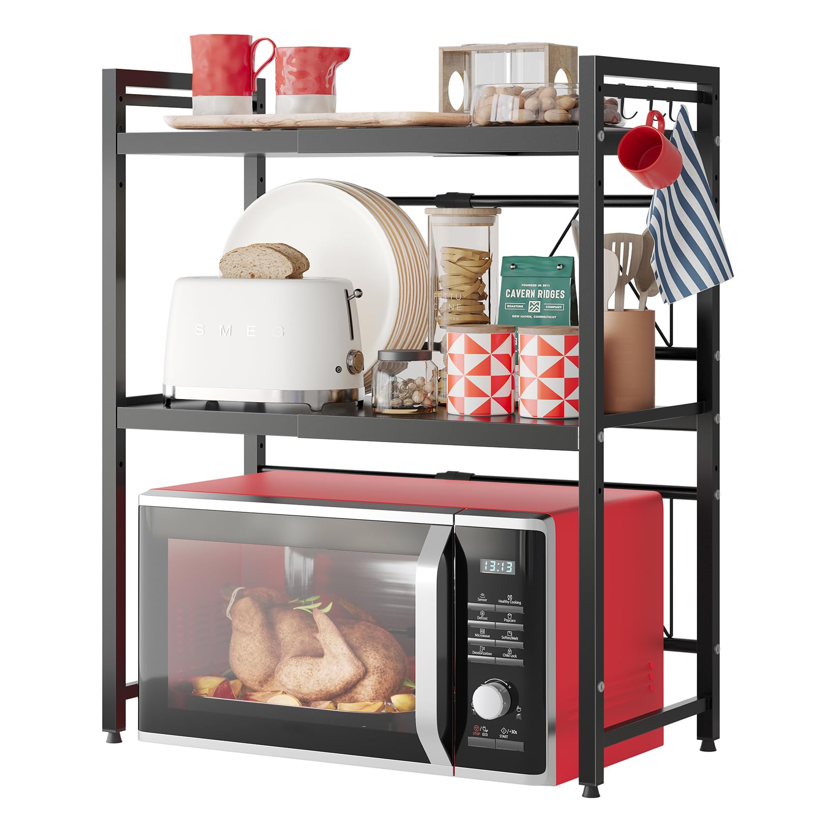 NETEL Expandable Microwave Stand,3 Tier Metal Kitchen Countertop Organizer Shelves with 8 Hooks,Bakers Rack,Microwave Shelf,Microwave Oven Rack,110lbs Weight Capacity Image NETEL Expandable Microwave Stand,3 Tier Metal Kitchen Countertop Organizer Shelves with 8 Hooks,Bakers Rack,Microwave Shelf,Microwave Oven Rack,110lbs Weight Capacity Image