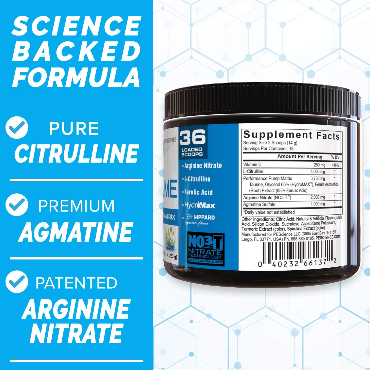 PEScience High Volume Nitric Oxide Booster Pre Workout Powder with L Arginine Nitrate, Green Apple, 36 Scoops, Caffeine Free: Health & Personal Care