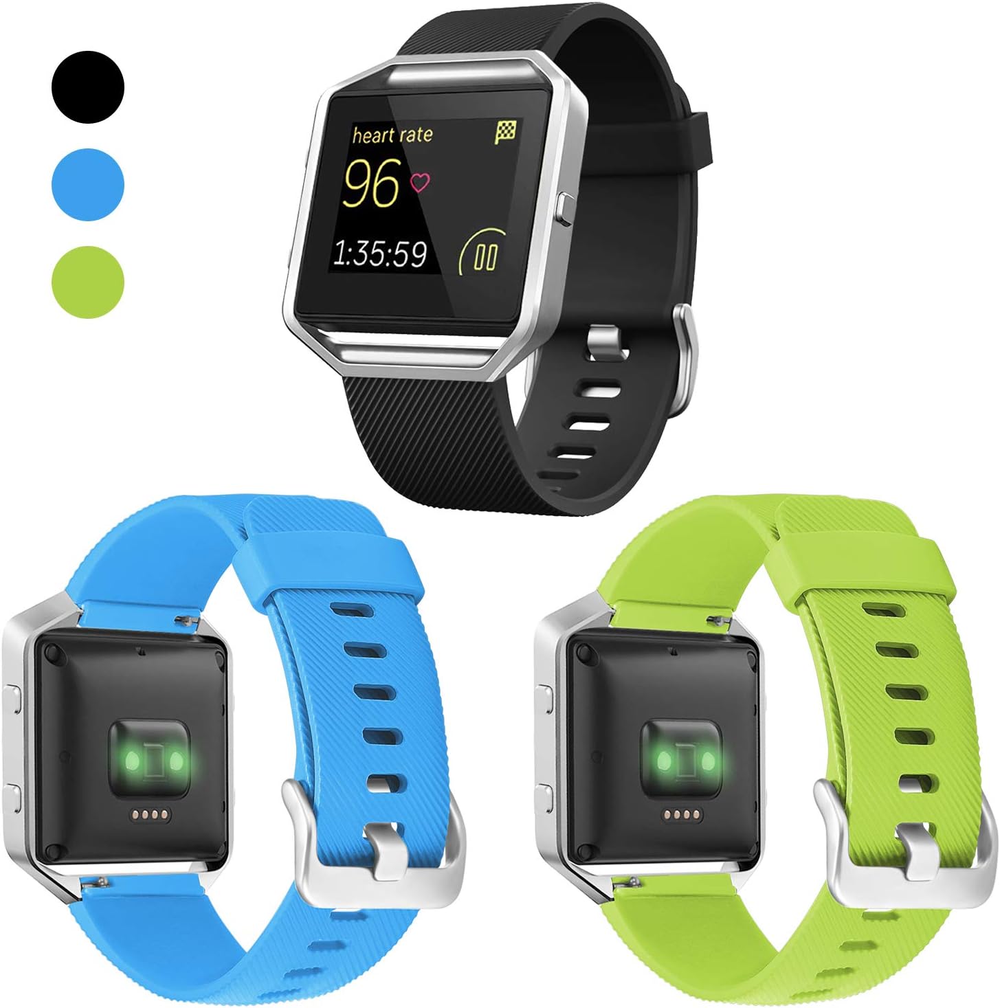 Compatible with Fitbit Blaze Bands, 3 Pack Silicone Band with 1 Pcs Silver Metal Frame Compatible with Fitbit Blaze Sport Fitness Accessory Replacement Wristband for Men Women