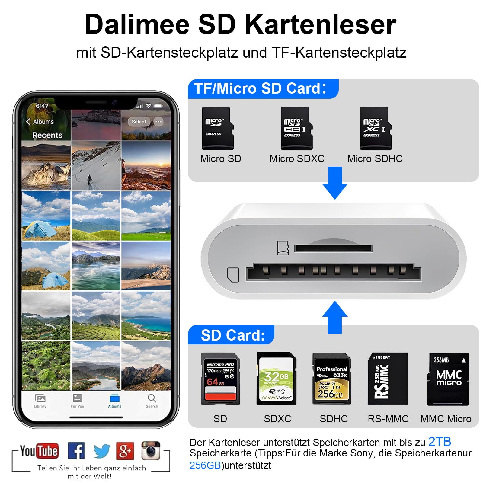 Dalimee SD Kartenleser USB C Lightning für iPhone, Apple MFi Certified, SD Card Reader mit SD und Micro SD/TF Kartensteckplatz, Plug-and-Play, Kartenlesegerät für iPhone15/16/17/iPad/MacBook/Laptop 2