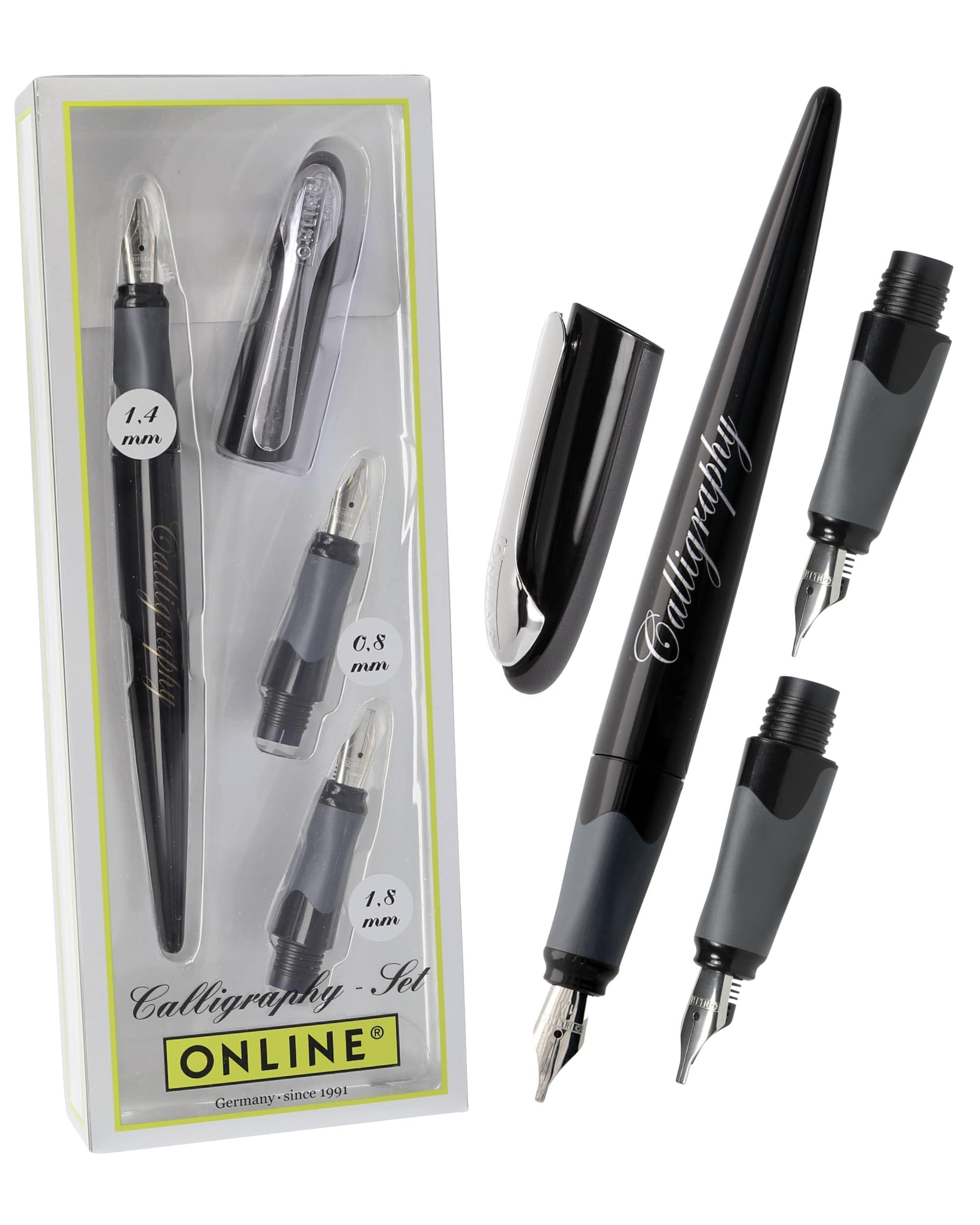 ONLINE calligraphy-set AIR black, fountain pen with 3 calligraphy nibs in 3 line widths 0.8 / 1.4 / 1.8 mm, standard ink cartridges or converter, gift set for writing fans, journaling, lettering