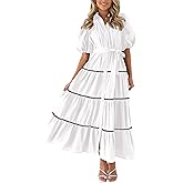 PRETTYGARDEN Women's Summer Button Down Shirt Dress Short Puffy Sleeve Tiered Ruffle Flowy Long Maxi Dresses