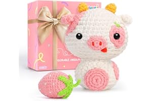 Mewaii Crochet Kit for Beginners, Complete DIY Kit Animals with 40%+ Pre-Started Tape Yarn Step-by-Step Video Tutorials for Adults Kids, Crochet Animal Kit (Strawberry Cow)