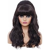 Rugelyss Long Wavy Dark Brown Wig with Bang Big Bouffant Beehive Wigs for Women fits 80s Costume or Halloween Party