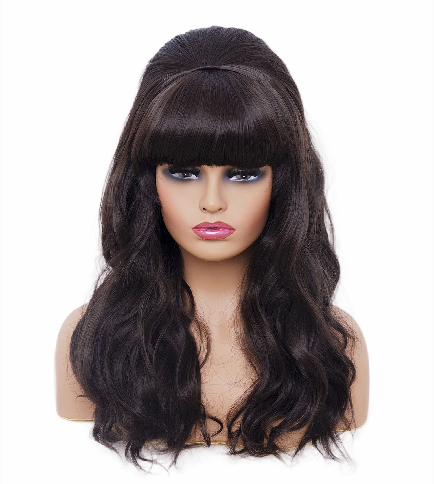 Photo 1 of Rugelyss Long Wavy Dark Brown Wig with Bang Big Bouffant Beehive Wigs for Women fits 80s Costume or Halloween Party (dark brown 6#)