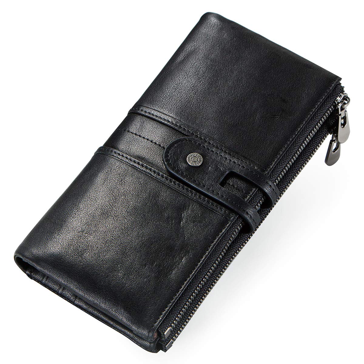 CONTACTS Genuine Leather Wallet Womens Leather ID Card Coin Phone Holder Multifunction Clutch Zipper Trifold Purse Wallet (Black)
