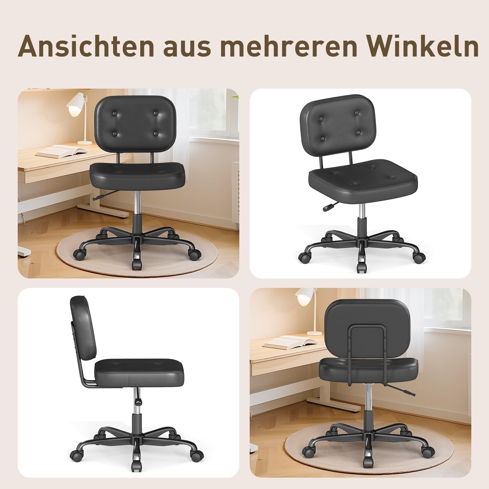 AnyGod Schreibtischstuhl ohne Armlehne für Home Office, Kompakter Drehstuhl mit Rollen & Höhenverstellbar, Ergonomischer Computerstuhl für kleine Räume, Arbeitszimmer & Schminktisch, PU-Leder Schwarz 8