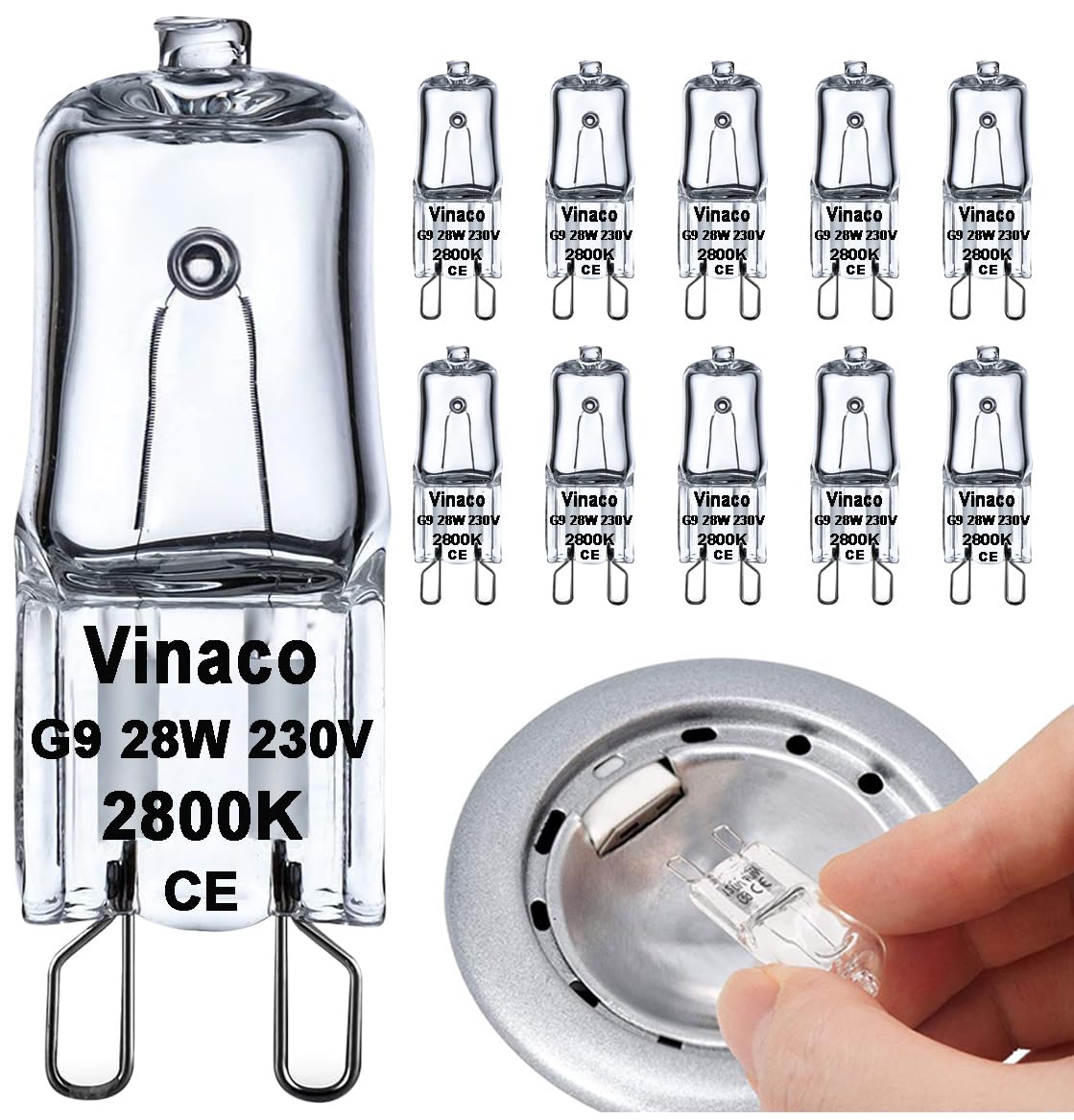 Vinaco G9 Halogen Bulb 28W, 10 Pack G9 Bulb Warm White 2800K, Halogen G 9 Dimmable, High Output 300LM G 9 Capsule Bulbs, Long Lasting 28W Bulbs for Ceiling Lights, Table Light, Cabinet Lights