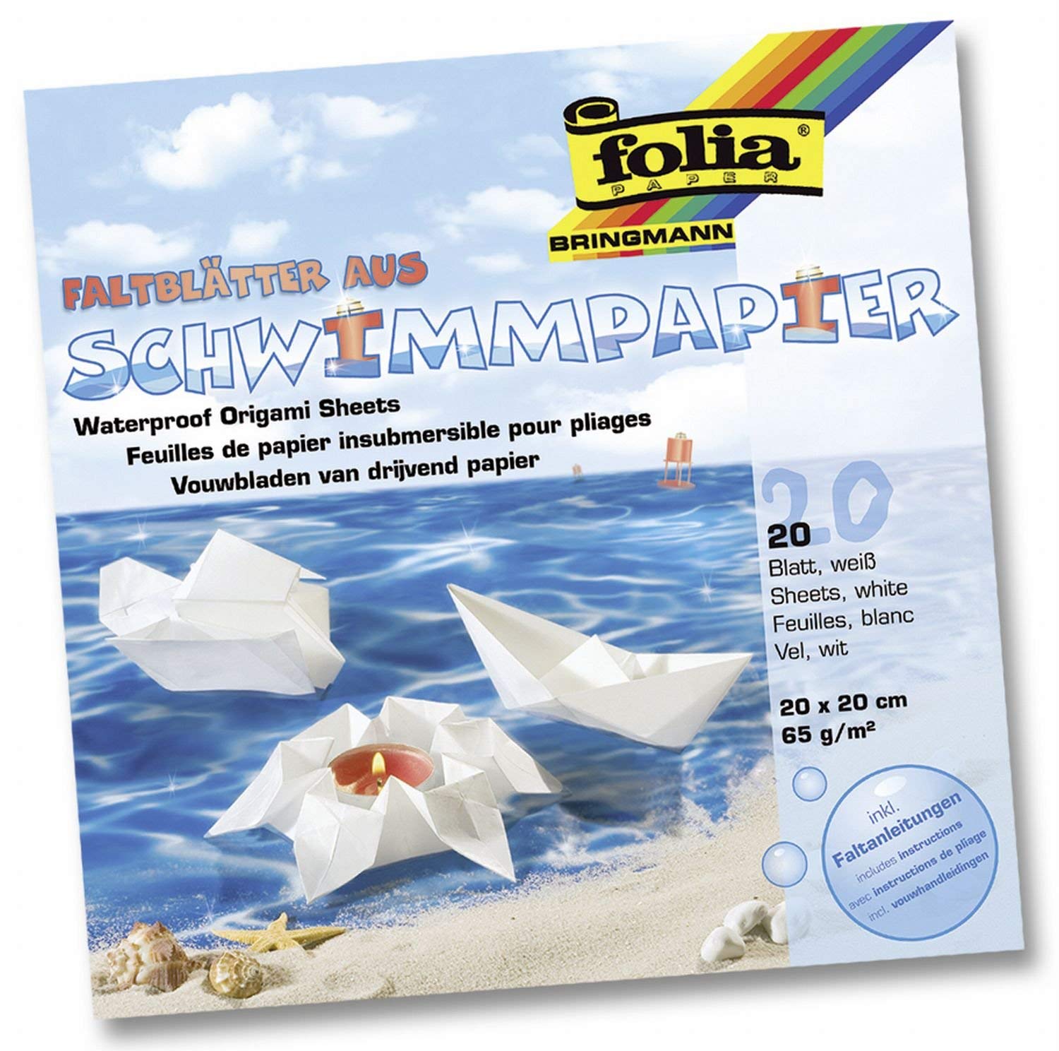 folia 43200 Folding Sheets Made of Floating Paper White Approx. 20 x 20 cm 20 Sheets Waterproof Folding Paper Paintable Includes Folding Instructions