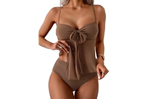 B2prity Womens Mesh Tankini Swimsuits Flowy Two Piece Bathing Suit V Neck Tie Knot Swim Top with High Waisted Bottom