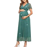 AISWI Maternity Sparkly Mesh Maxi Dress Ruffle Sleeve Wrap V Neck Flowy Pregnancy Dresses Baby Shower Photoshoot Formal