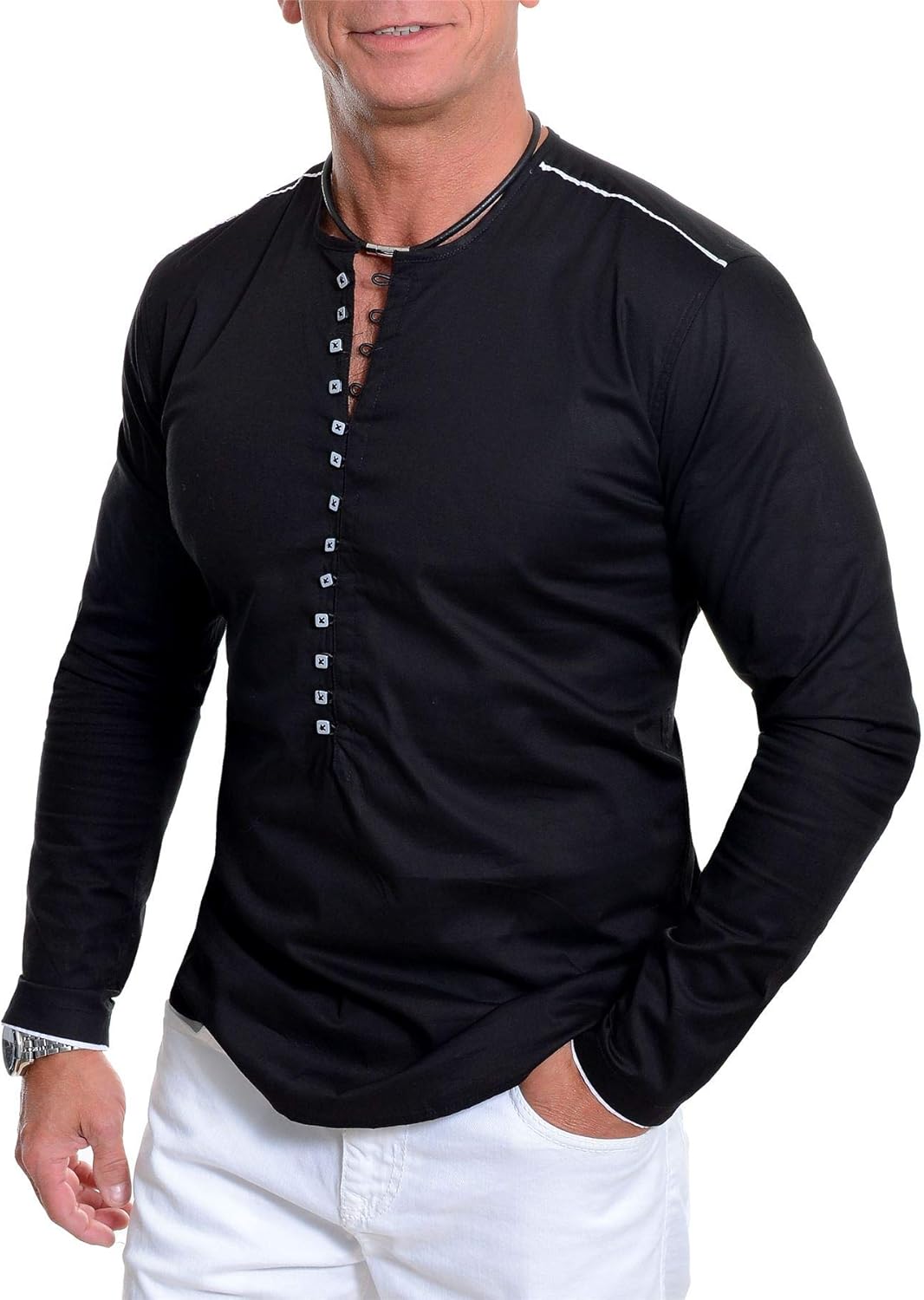 D&R Fashion Men's Collarless Shirt Crew Neck Long Sleeve Casual Button