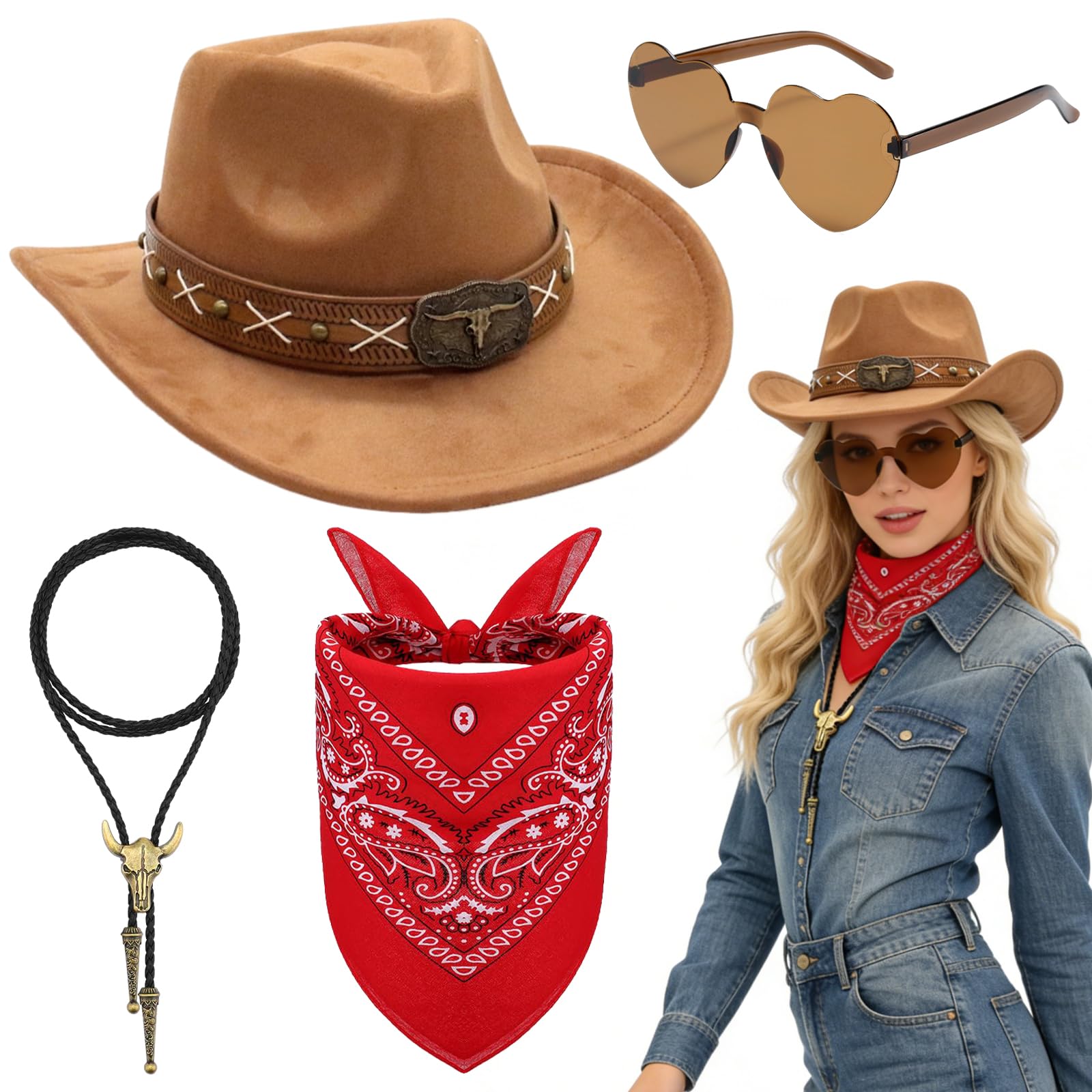 Kyndara 4Pcs Western Cowboy Hat Set for Adult, Unisex Cowboy Dress Up Kit with Wide Brim Hat Paisley Bandanna Heart Shape Sunglasses Necklace for Country Music Festivals Carnival Theme Parties