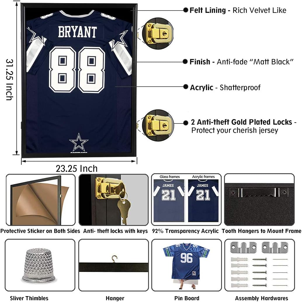 Snail Jersey Frame Display Case Large Lockable Frames Shadow Box with UV Protection Acrylic for Baseball Basketball Football Soccer Hockey Sport Shirt, Hanger and Wall Mount Option, Black Finish : Sports & Outdoors