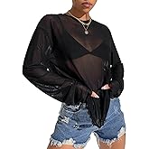 GORGLITTER Women's See Through Sheer Long Sleeve Tops Mesh Y2k Loose Tee Shirt