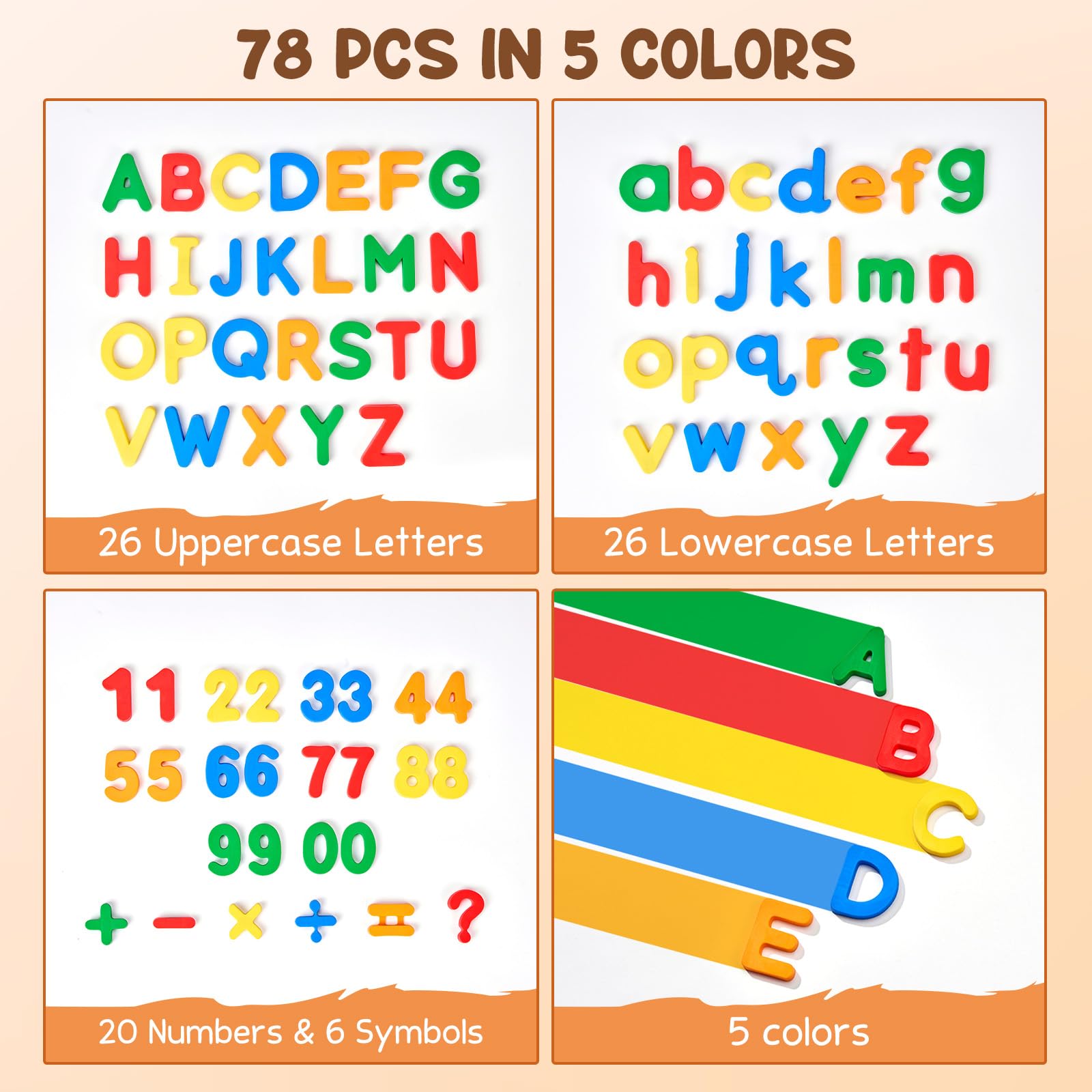 JoyCat 78 Pieces Magnetic Letters Numbers Alphabet Fridge Magnets ABC 123 Preschool Educational Learning Plastic Colorful Toy Set Uppercase Lowercase Math Symbols for Toddlers Kids