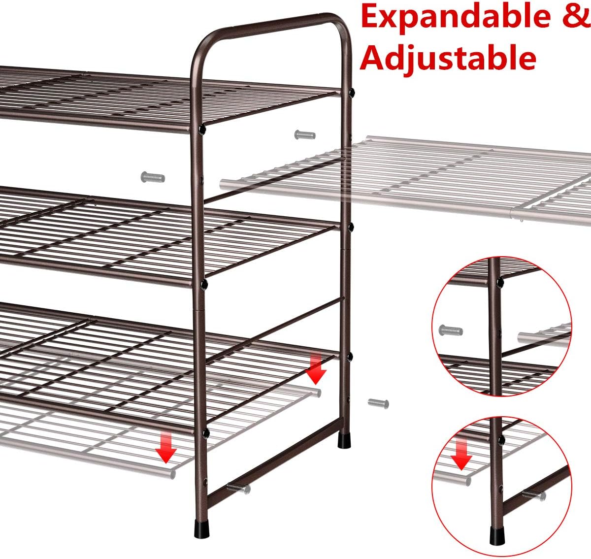 Simple Trending 3-Tier Stackable Shoe Rack, Expandable & Adjustable Shoe Shelf Storage Organizer, Wire Grid, Bronze: Home Improvement