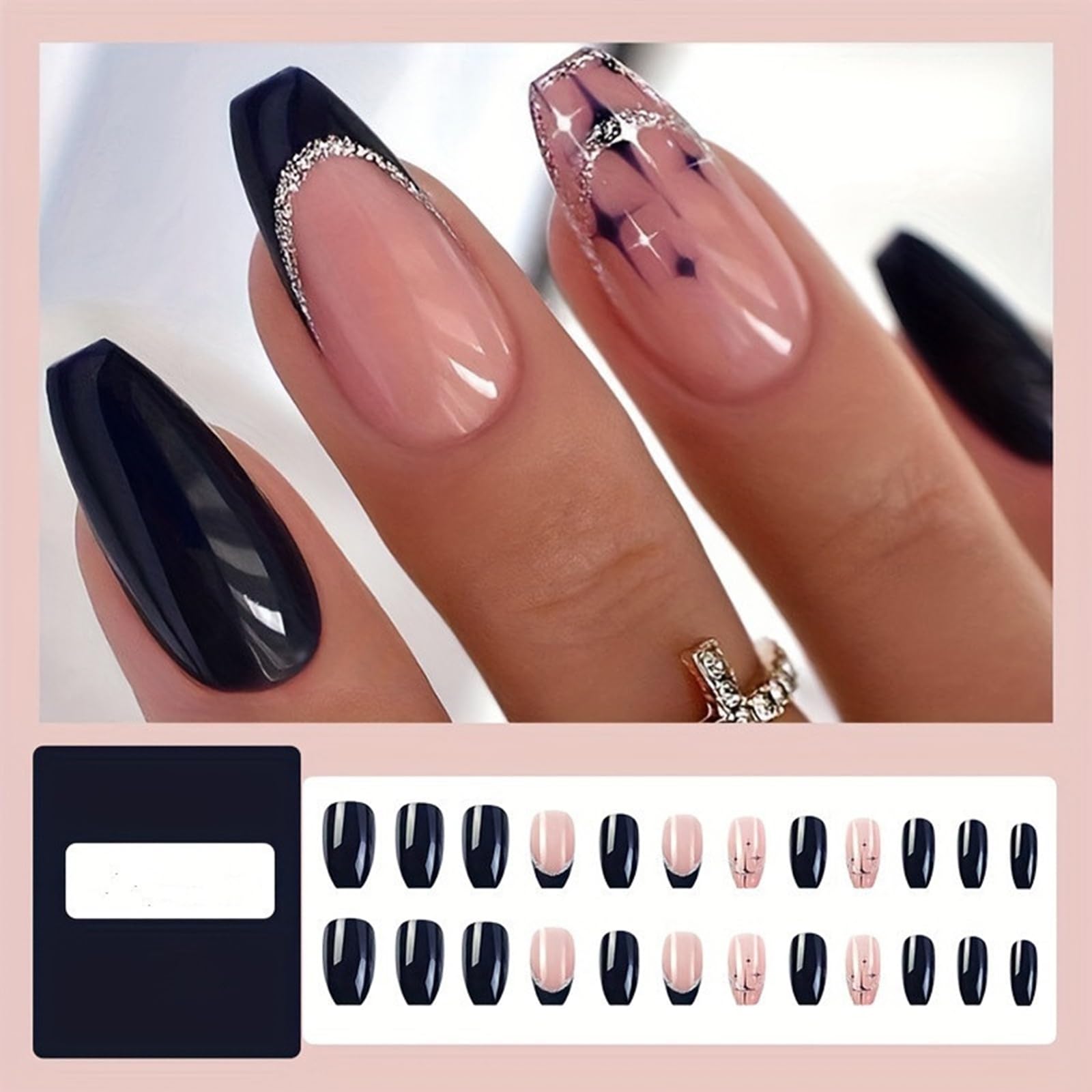Black French Tip Press on Nails Medium Coffin Fake Nails with Silver Glitter French Tip Design Black Star Glue on False Nail Cross Star Square Acrylic Artificial Stick on Nail for Women Girls 24Pcs - Image 5