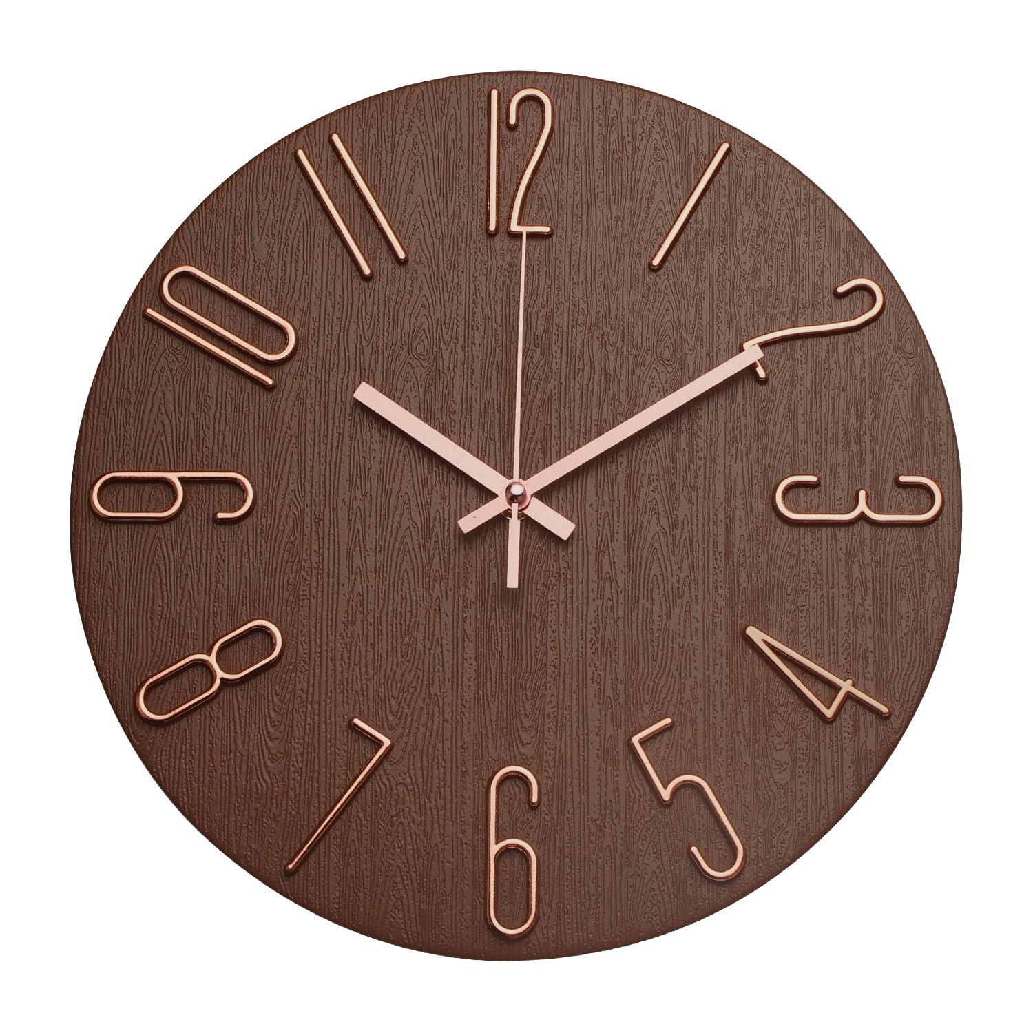 Photo 1 of bakbrand Wall Clock 12 Inch Silent Non-Ticking Imitation Wood Indoor Clock Round Brown Decor Clock Modern 3D Figures Quartz Wall Clocks for Home, Hotel, Office, School