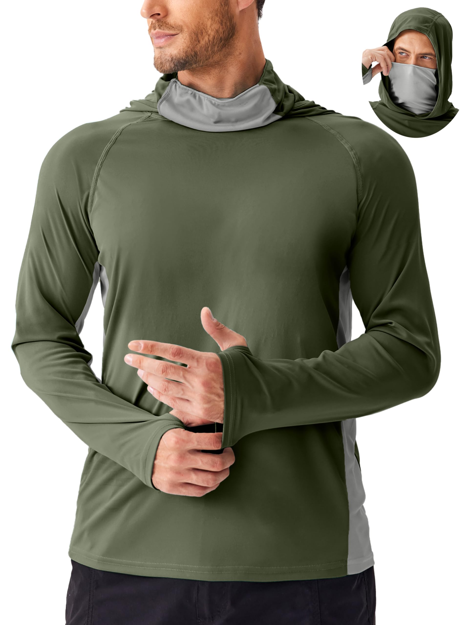 Men's Sun Protection Hoodie with Mask UPF 50+ Fishing Shirts for Men - UV Long Sleeve Shirt Men for Running Athletic Workout M Army Green
