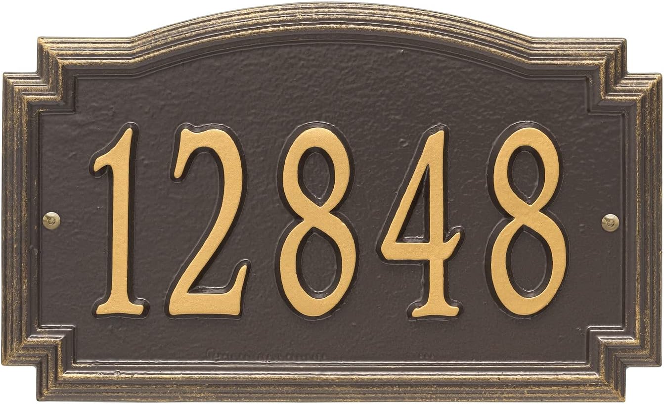 Plaques & Wall Art - Whitehall Barcelos Personalized Cast Metal Address Plaque Custom House Number Sign 3343OG with One Line in Dark Bronze and Gold Color 14 X 8.5