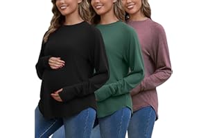 Bhome Maternity Shirts 3 Packs Long Sleeve Pregnancy Tops Loose Fit Casual Blouses with Thumb Holes
