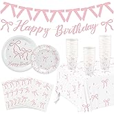 Pink Bow Birthday Party Supplies Pink Bow Tableware Set Coquette Birthday Decor Includes Paper Plates Napkins Cups Tablecloth Banner for Bachelorette Bridal Coquette Party Supplies, Serve 25