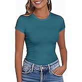 PALINDA Women's Short Sleeve Crew Neck Fitted Shirts Basic Casual Stretchy T Shirt Workout Tops