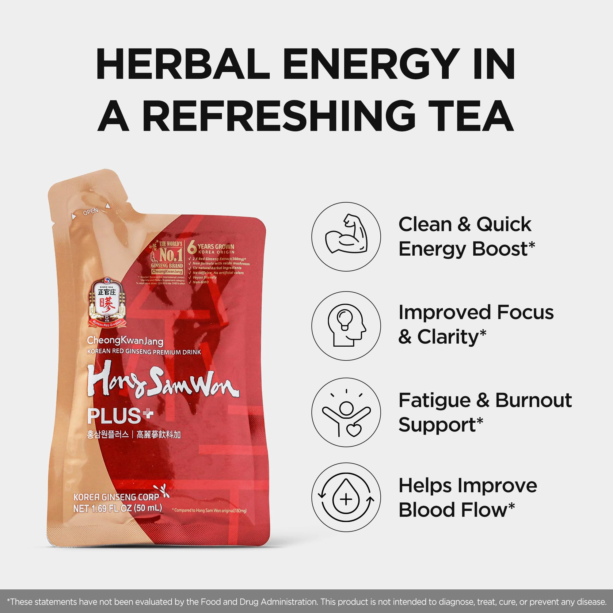 JungKwanJang Hong Sam Won Korean Red Ginseng Drink, Herbal Tea Vegan Friendly (30 Pouches)