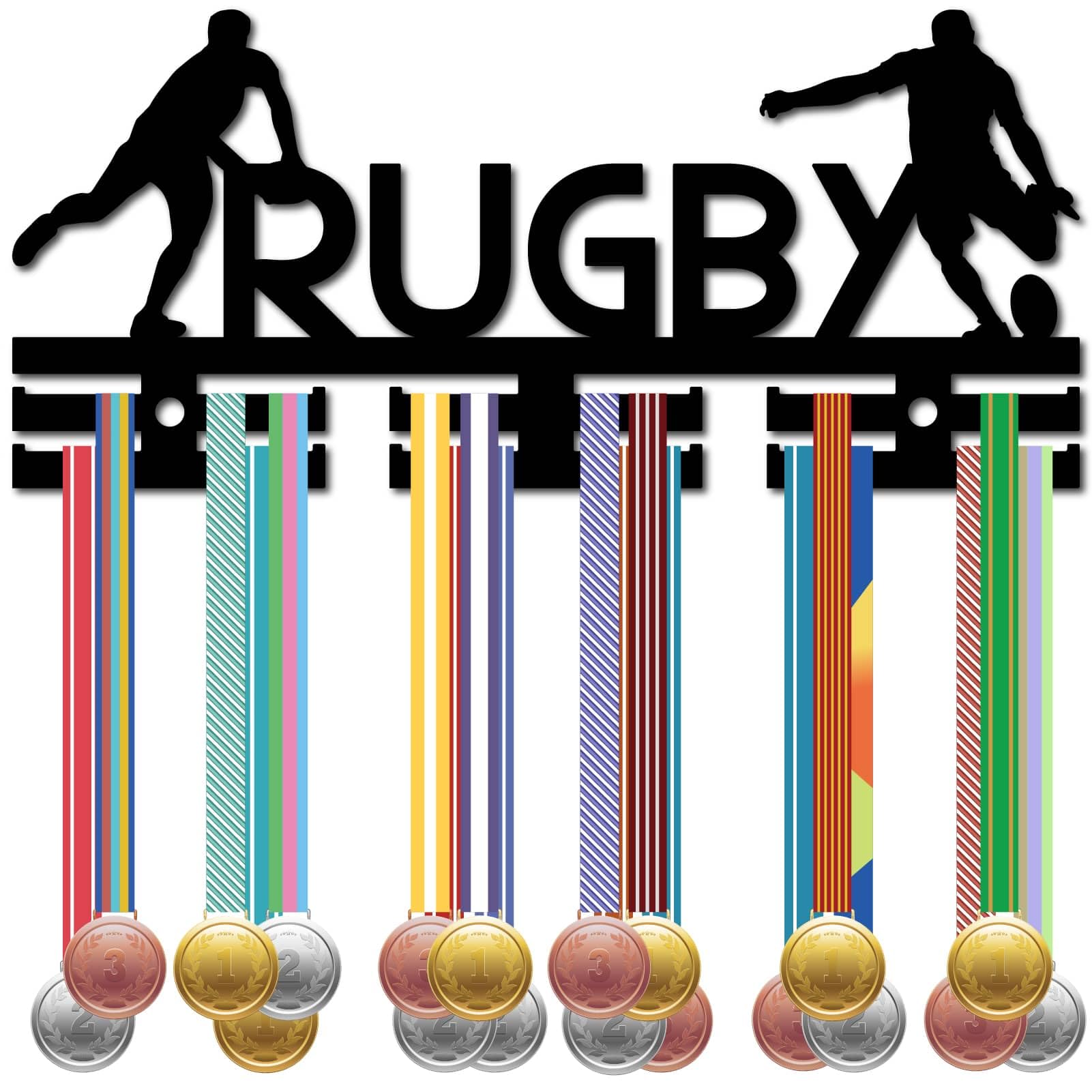 CREATCABIN Rugby Medal Holder Display Sports Medal Hanger Rack Acrylic Frame Small Hooks Hang Awards Wall Mount Medal Hangers Organizer for Hanging Player Medals Athlete Medalist 11.4 x 5.1Inch Black