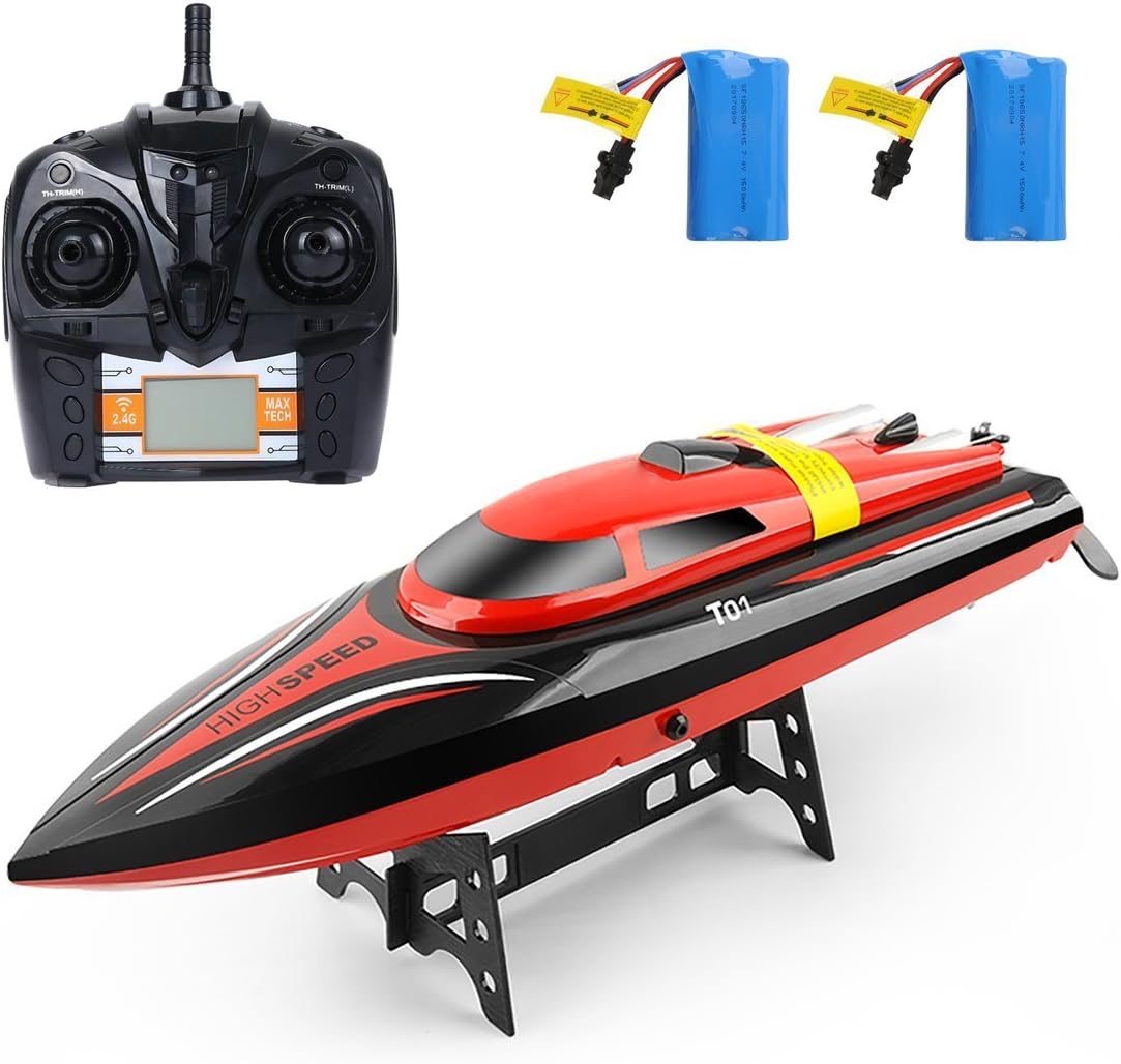 Rodzon RC Boat 2.4GHz 4 Channels with LCD Display Remote Control Boat for Adults & Kids with High Speed Motor + 2 Batteries -Red