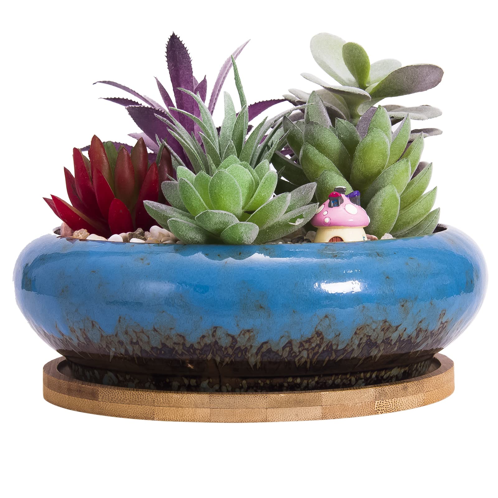 ARTKETTY Succulent Plant Pot, 18.5CM Large Bonsai Pot with Drainage Tray, Ceramic Pots for Indoor Plants Shallow Cactus Plant Pot Glazed Flower Plant Container Bowl