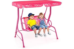 HONEY JOY Kids Patio Swing, 2-Seater Outdoor Porch Swing Lounge Chair, Adjustable Canopy & Safety Belt, All Weather Resistant Waterproof Hanging Swing Bench for Garden Poolside Balcony(Pink Mermaid)