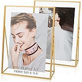 Jajamy Gold Floating Picture Frame Set of 2, Glass Picture Pressed Flower Frames, Gold Floating Frame for 5x7 Photo Vertical Standing Tabletop Display