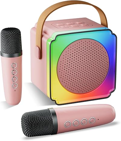Lavliy Mini Karaoke Machine 2 Microphones Kids Bluetooth Speaker Pink