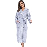 Womens Hooded Plush Bathrobe Warm Fleece Soft Long Robe Fuzzy Full Length Gown Shower Spa House Kimono for Women