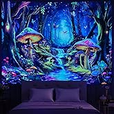 Blacklight Mushroom Tapestry UV Reactive Misty Forest Landscape Tapestry Fantasy Fairy Wonderland Butterflies Wall Hanging Waterfall Jungle Plants Backdrop for Bedroom