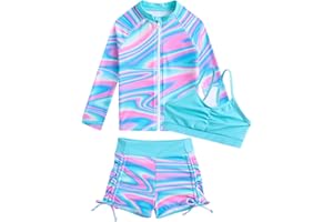 Funnycokid Girls Swimsuit 3 Pieces Zip Rash Guard Set Bikini Bathing Suits Boyshort Summer Kids Swimwear 3-12 Years